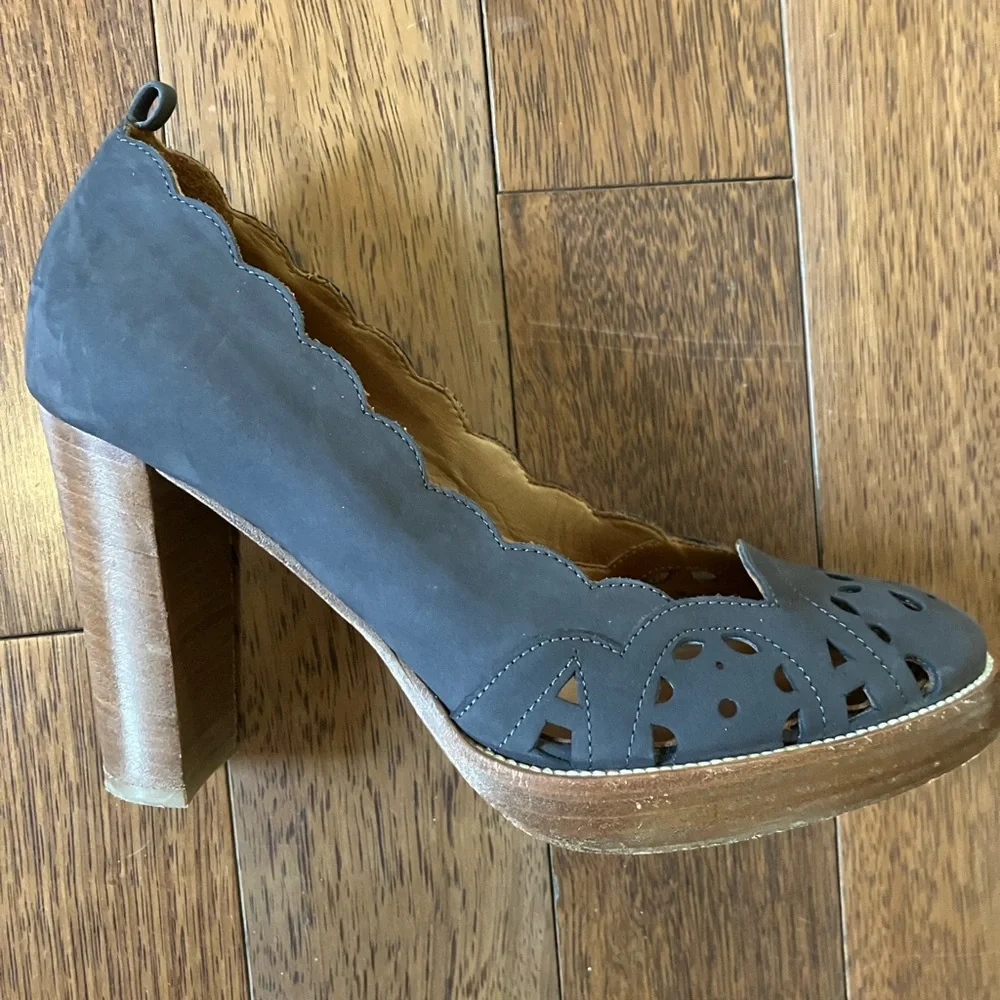 Hobbs London suede Leather heels Italy Coquette scallop romantic garden party 39